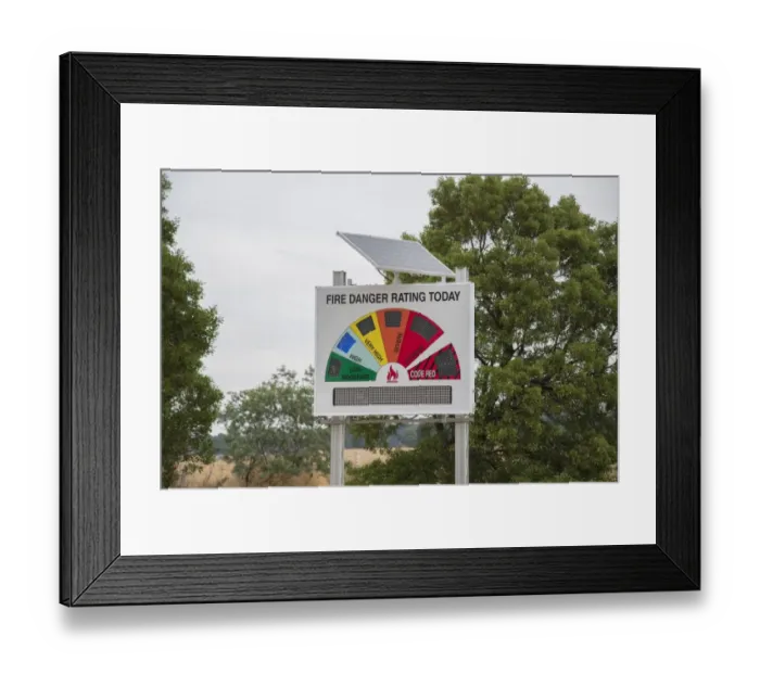 Framed Print : Fire Danger Rating Today sign at high level, Victoria, Australia, February Framed Print : Fire Danger Rating Today sign at high level, Victoria, Australia, February