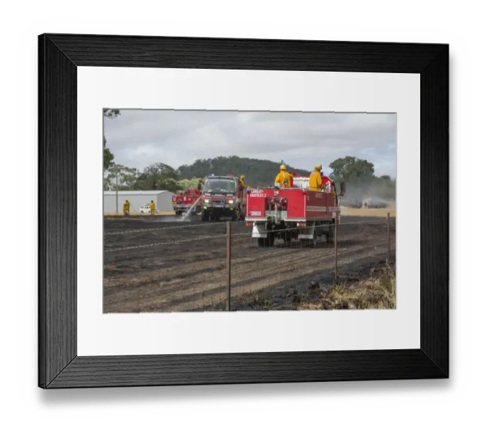 Framed Print : Country Fire Authority firemen putting out grass fire, Langley, Victoria, Australia, February