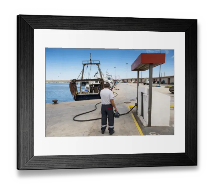 Framed Print : Refueling trawler boat in port, Xabia, Alicante Province, Valencia, Spain, May Framed Print : Refueling trawler boat in port, Xabia, Alicante Province, Valencia, Spain, May