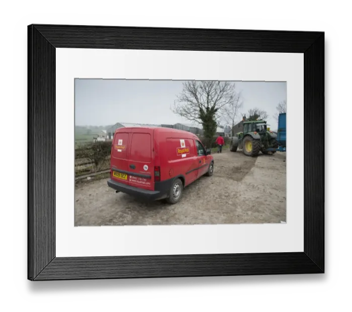 Framed Print : Royal Mail van and postman, delivering post to farm, Preston, Lancashire, England, March