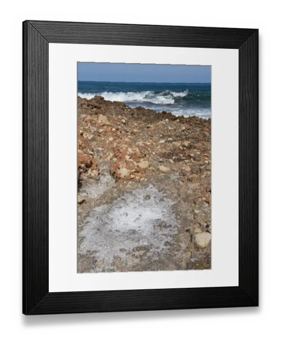 Framed Print : Salt forming on rocks after evaporation of sea water, Les Rotes Beach, Denia, Marina Alta, Costa Blanca