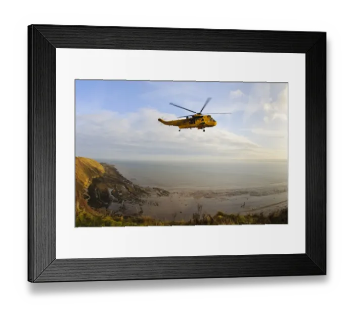 Framed Print : RAF Westland Sea King rescue helicopter with crew members standing in open doorway Framed Print : RAF Westland Sea King rescue helicopter with crew members standing in open doorway