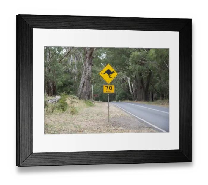 Framed Print : Kangaroo crossing road sign, Wombat State Forest, Trentham, Daylesford, Victoria, Australia, February Framed Print : Kangaroo crossing road sign, Wombat State Forest, Trentham, Daylesford, Victoria, Australia, February