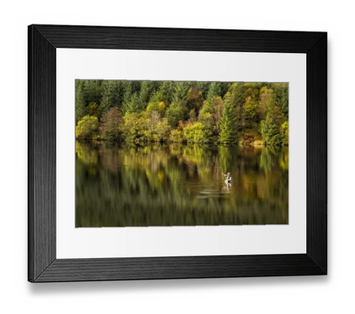 Framed Print : Fly fishing in reservoir, Cantref Reservoir, Taff Fawr Valley, Brecon Beacons N. P. Powys, Wales, October