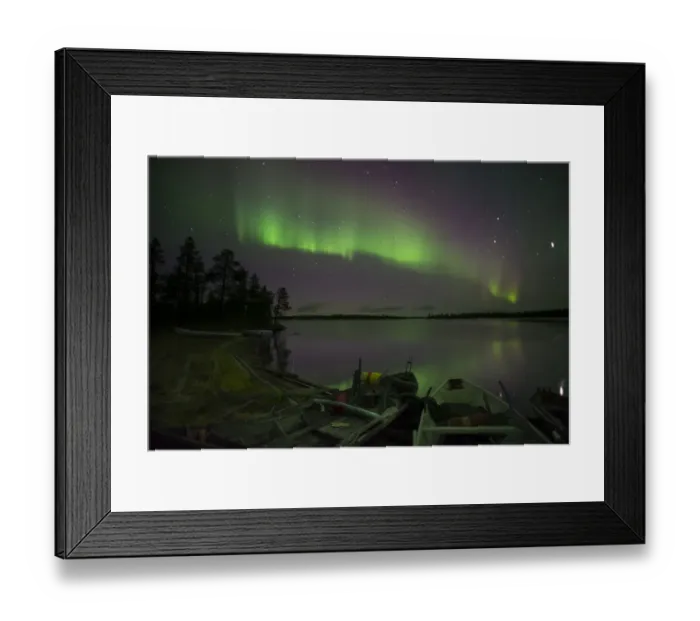 Framed Print : Aurora Borealis and stars over lake with beached canoes at night, Muonio, Lapland, Finland, September Framed Print : Aurora Borealis and stars over lake with beached canoes at night, Muonio, Lapland, Finland, September