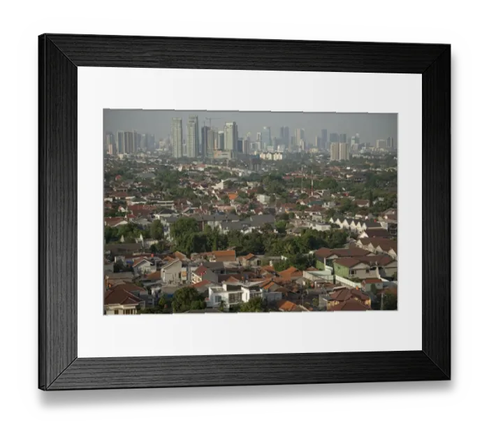 Framed Print : View of city across residential area and overpass from Talavera office building, Cilandak District, Jakarta, Java Framed Print : View of city across residential area and overpass from Talavera office building, Cilandak District, Jakarta, Java