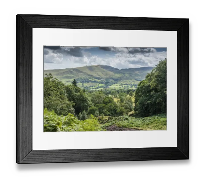 Framed Print : View of valley and moorland, looking from Grindsbrook Clough, Edale, Peak District N. P. Derbyshire, England, August
