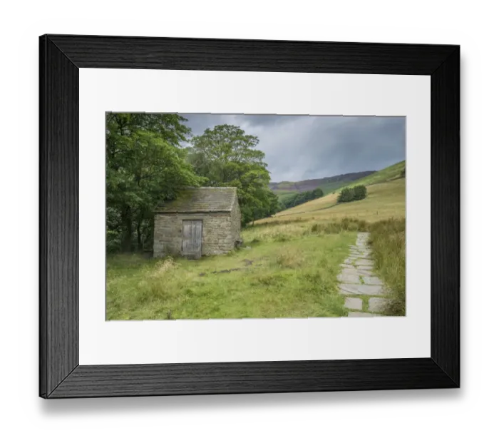Framed Print : Stone building for walkers beside footpath, Edale, Peak District N. P. Derbyshire, England, August