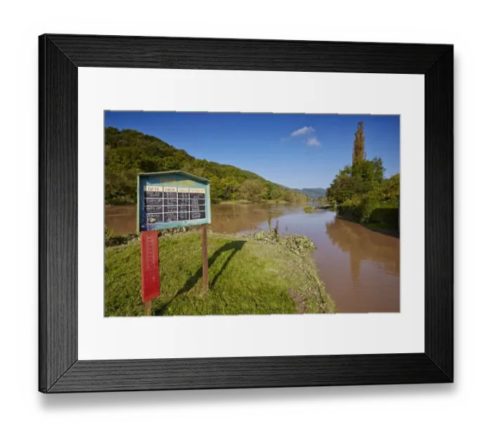 Framed Print : Tidal Zone information board, with high tide causing flooding, Brockweir, River Wye, Forest of Dean, Gloucestershire Framed Print : Tidal Zone information board, with high tide causing flooding, Brockweir, River Wye, Forest of Dean, Gloucestershire