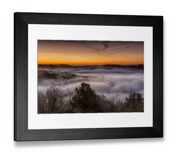 Framed Print : View of farmland and river shrouded in mist at sunrise, Lower Wyndcliff, Chepstow, River Wye, Lower Wye Valley Framed Print : View of farmland and river shrouded in mist at sunrise, Lower Wyndcliff, Chepstow, River Wye, Lower Wye Valley