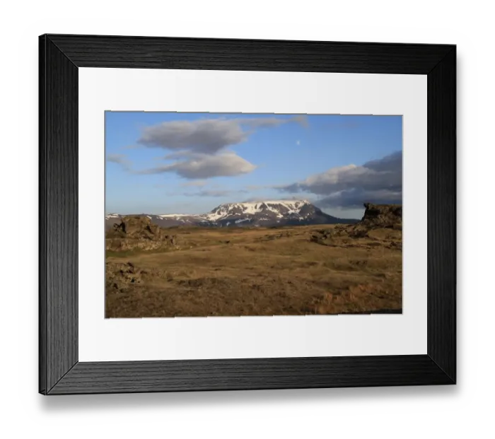 Framed Print : View of distant mountain in evening sunlight, with waxing moon, Blafjall, Myvatn, Iceland, June Framed Print : View of distant mountain in evening sunlight, with waxing moon, Blafjall, Myvatn, Iceland, June
