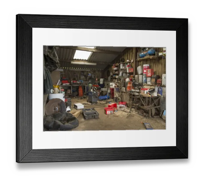 Framed Print : Interior of farm workshop, Lancashire, England, August Framed Print : Interior of farm workshop, Lancashire, England, August