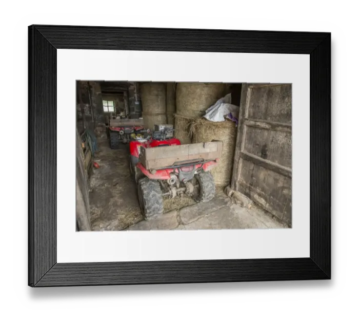 Framed Print : Two Quadbikes in barn on farm, Lancashire, England, August Framed Print : Two Quadbikes in barn on farm, Lancashire, England, August