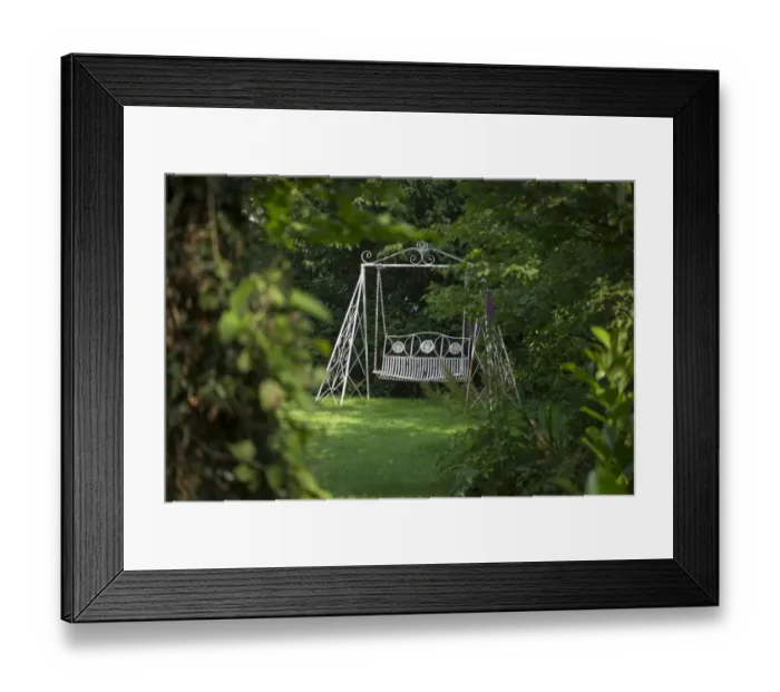 Framed Print : Swinging garden seat on lawn in garden, Chipping, Lancashire, England, September