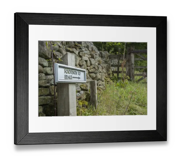 Framed Print : Footpath to Edale sign on farm, Edale, Peak District N. P. Derbyshire, England, August
