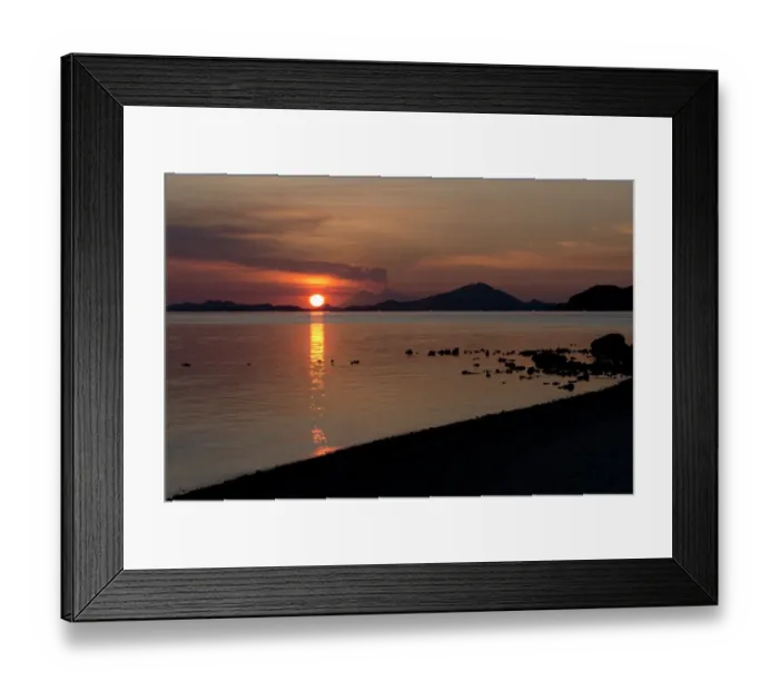 Framed Print : View of coastline with erupting volcano in distance at sunset, Sangeang Api (Mount Sangeang), Kelor Island Framed Print : View of coastline with erupting volcano in distance at sunset, Sangeang Api (Mount Sangeang), Kelor Island