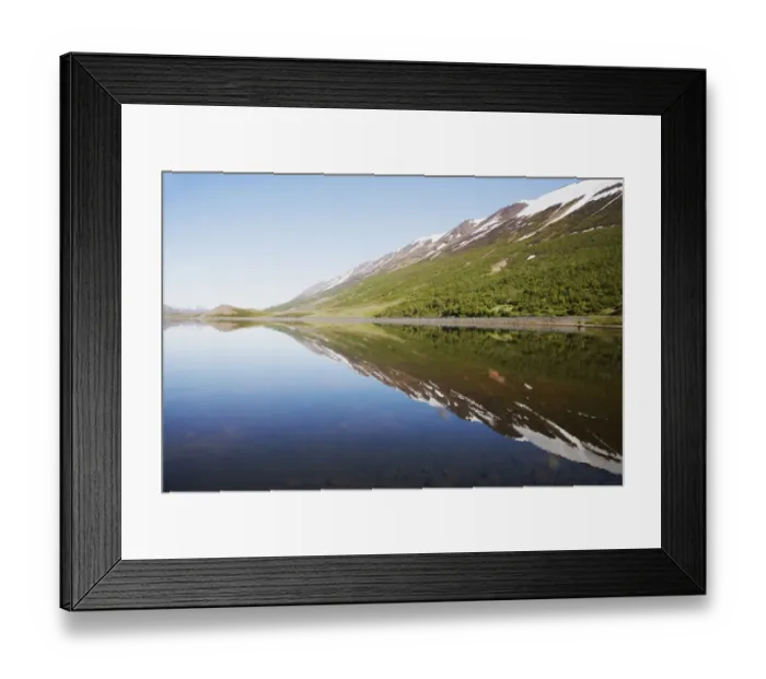Framed Print : View of lake with reflection of mountains, Ljosavatn Lake, Iceland, June Framed Print : View of lake with reflection of mountains, Ljosavatn Lake, Iceland, June