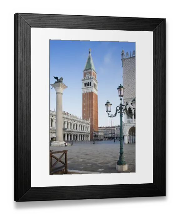 Framed Print : View of city square with Lion of Saint Mark on column and belltower of Roman Catholic cathedral, Leone Di San Marco Framed Print : View of city square with Lion of Saint Mark on column and belltower of Roman Catholic cathedral, Leone Di San Marco