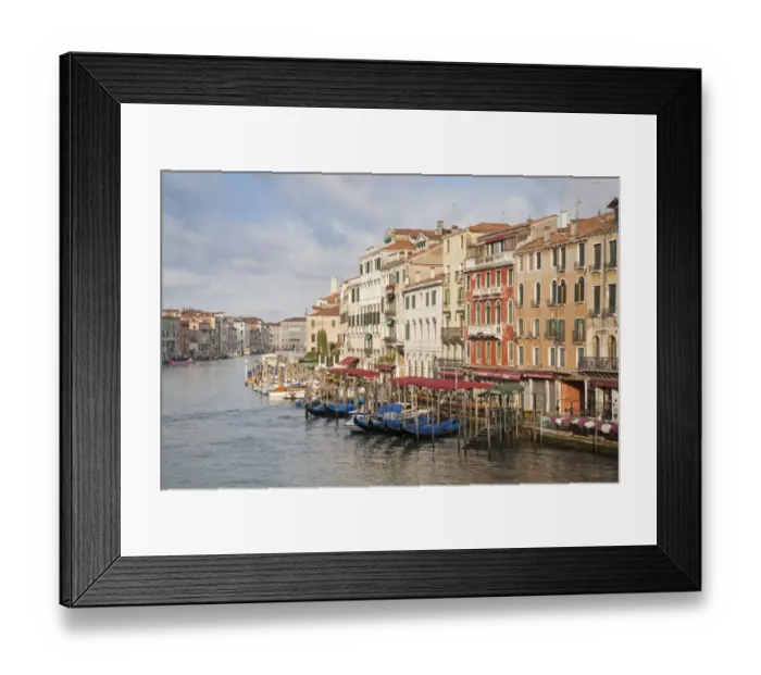 Framed Print : View of waterfront with moored gondolas in early morning, looking from Rialto Bridge, Grand Canal, San Marco District Framed Print : View of waterfront with moored gondolas in early morning, looking from Rialto Bridge, Grand Canal, San Marco District