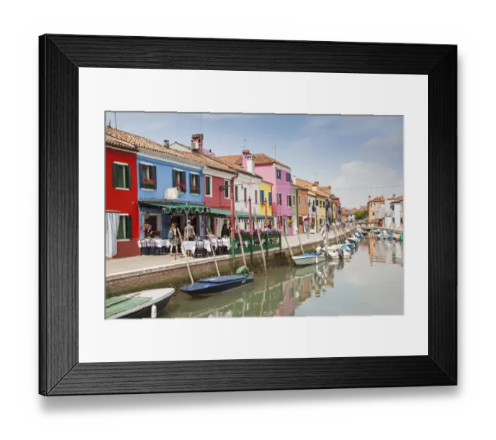 Framed Print : Multi-coloured restaurant and houses along canal waterfront, Burano Island, Venetian Lagoon, Venice, Veneto, Italy, May Framed Print : Multi-coloured restaurant and houses along canal waterfront, Burano Island, Venetian Lagoon, Venice, Veneto, Italy, May