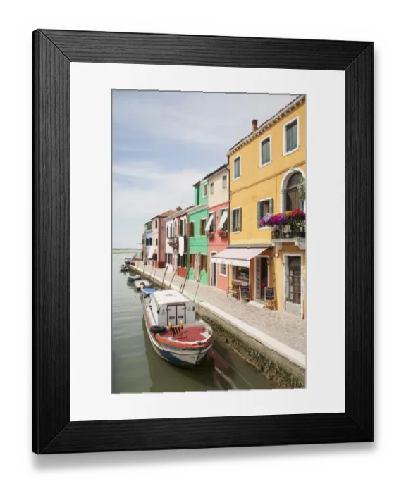 Framed Print : Multi-coloured houses and shops along canal waterfront, Burano Island, Venetian Lagoon, Venice, Veneto, Italy, May Framed Print : Multi-coloured houses and shops along canal waterfront, Burano Island, Venetian Lagoon, Venice, Veneto, Italy, May