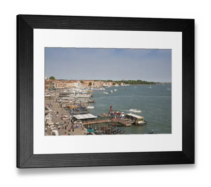 Framed Print : View of waterfront with gondolas and tour boats, looking from roof of Hotel Danielli, Riva Degli Schiavoni Framed Print : View of waterfront with gondolas and tour boats, looking from roof of Hotel Danielli, Riva Degli Schiavoni