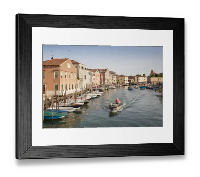 Framed Print : View of canal with fisherman in boat, Canale di San Petro, Castello District, Venice, Veneto, Italy, May Framed Print : View of canal with fisherman in boat, Canale di San Petro, Castello District, Venice, Veneto, Italy, May