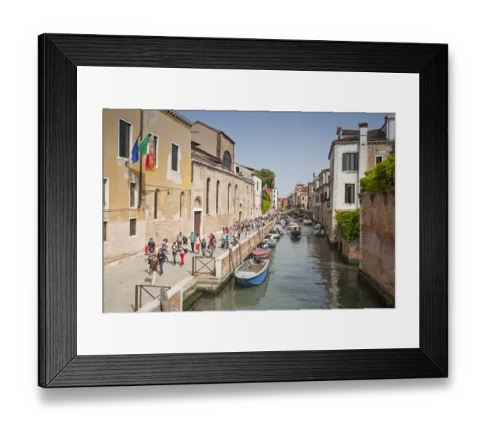 Framed Print : View of canal and tourists walking on canalside street, Fondamenta Santa Caterina, Canareggio District, Venice, Veneto Framed Print : View of canal and tourists walking on canalside street, Fondamenta Santa Caterina, Canareggio District, Venice, Veneto