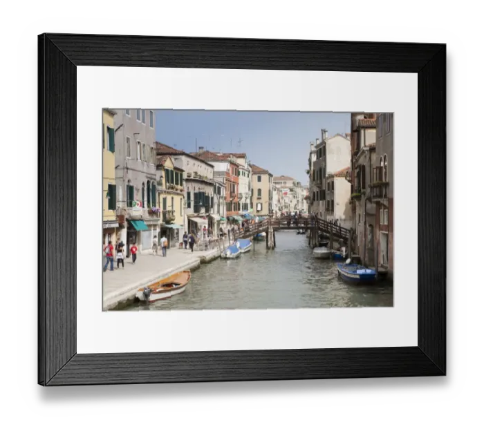 Framed Print : View of canal, footbridge and canalside street, Fondamenta Ormesini, Canareggio District, Venice, Veneto, Italy, May Framed Print : View of canal, footbridge and canalside street, Fondamenta Ormesini, Canareggio District, Venice, Veneto, Italy, May