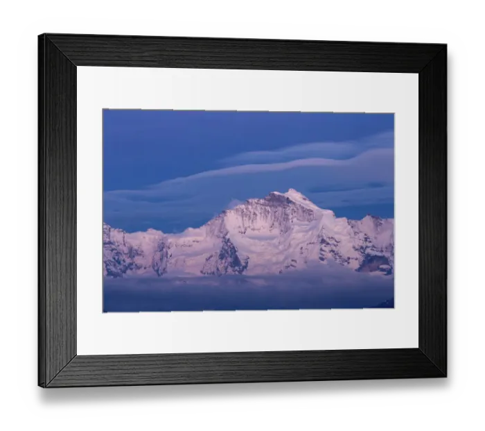 Framed Print : View of snow covered mountain summit at dusk, Jungfrau, Swiss Alps, Bernese Oberland, Switzerland, June Framed Print : View of snow covered mountain summit at dusk, Jungfrau, Swiss Alps, Bernese Oberland, Switzerland, June