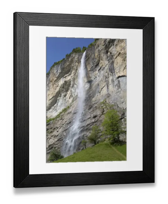 Framed Print : Waterfall flowing over mountain cliff, Staubbach Falls, Lauterbrunnen, Bernese Oberland, Switzerland, June Framed Print : Waterfall flowing over mountain cliff, Staubbach Falls, Lauterbrunnen, Bernese Oberland, Switzerland, June