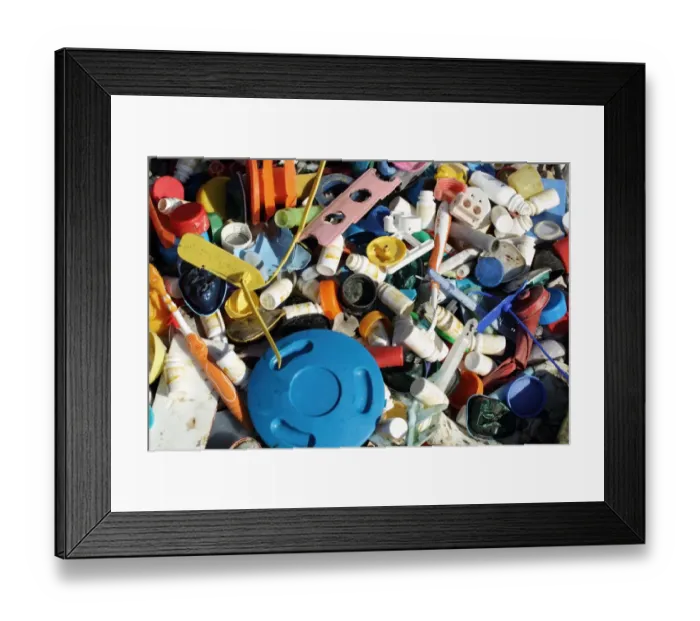 Framed Print : Plastic debris washed up on beach strandline, Chesil Beach, Dorset, England, April Framed Print : Plastic debris washed up on beach strandline, Chesil Beach, Dorset, England, April