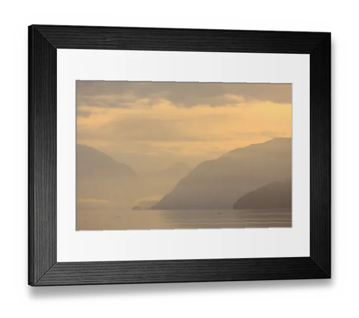 Framed Print : View of coastline at sunrise, Knight Inlet, Coast Mountains, British Columbia, Canada, September Framed Print : View of coastline at sunrise, Knight Inlet, Coast Mountains, British Columbia, Canada, September
