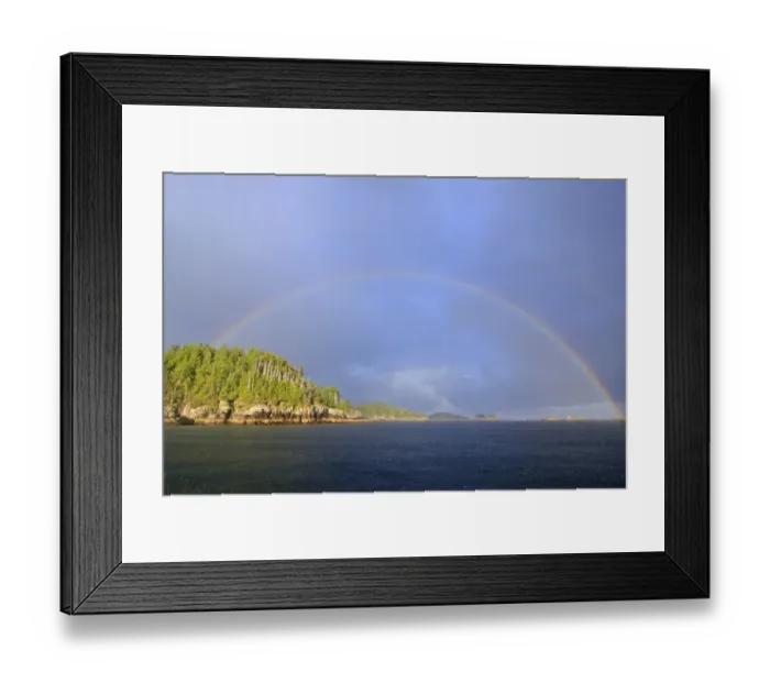 Framed Print : Rainbow over coastline and temperate coastal rainforest, Calvert Island, Hakai Pass, Coast Mountains Framed Print : Rainbow over coastline and temperate coastal rainforest, Calvert Island, Hakai Pass, Coast Mountains
