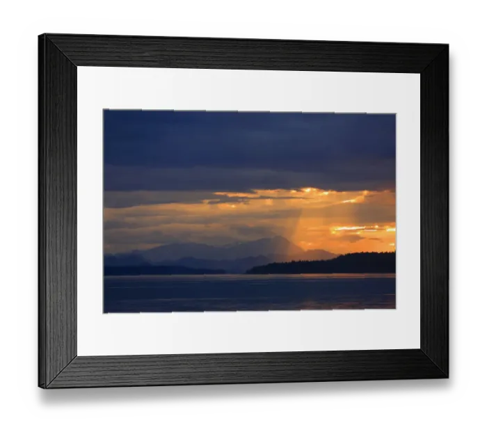 Framed Print : View of coastline and temperate coastal rainforest with sunbeams at sunrise, Queen Charlotte Strait, Inside Passage Framed Print : View of coastline and temperate coastal rainforest with sunbeams at sunrise, Queen Charlotte Strait, Inside Passage