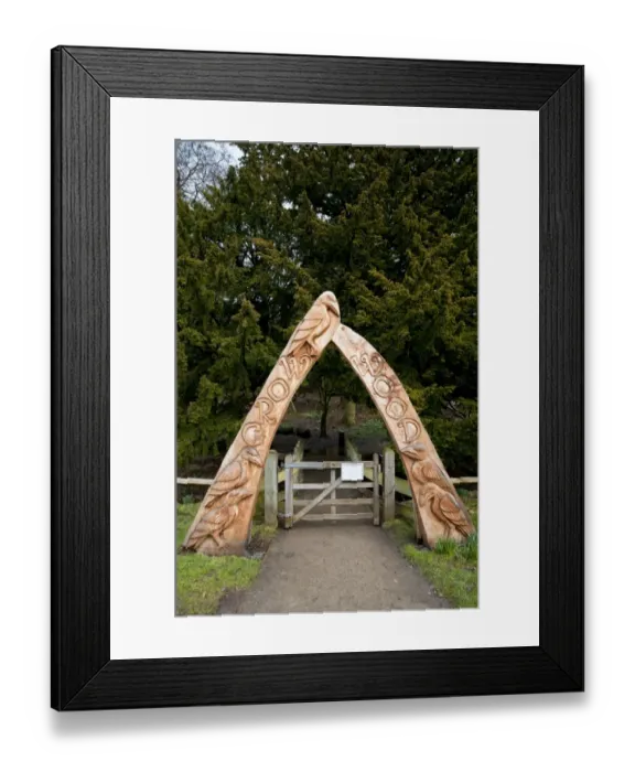 Framed Print : Carved wooden archway at entrance to woodland, Crow Wood, Danby, North York Moors N. P. North Yorkshire, England, March Framed Print : Carved wooden archway at entrance to woodland, Crow Wood, Danby, North York Moors N. P. North Yorkshire, England, March
