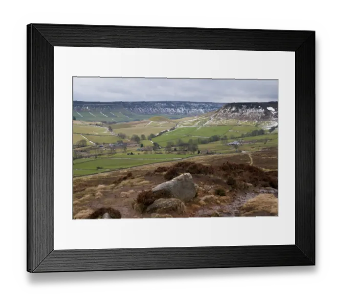 Framed Print : View of upland farmland and moorland habitat with patches of snow along drystone walls, looking from Danby Rigg