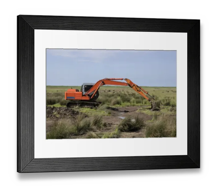 Framed Print : Using a digger excavator for habitat restoration work on Deepdale Marsh, Burnham Deepdale, North Norfolk Framed Print : Using a digger excavator for habitat restoration work on Deepdale Marsh, Burnham Deepdale, North Norfolk