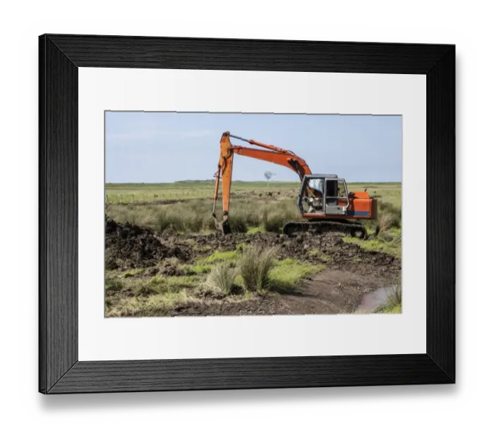 Framed Print : Using a digger excavator for habitat restoration work on Deepdale Marsh, Burnham Deepdale, North Norfolk Framed Print : Using a digger excavator for habitat restoration work on Deepdale Marsh, Burnham Deepdale, North Norfolk