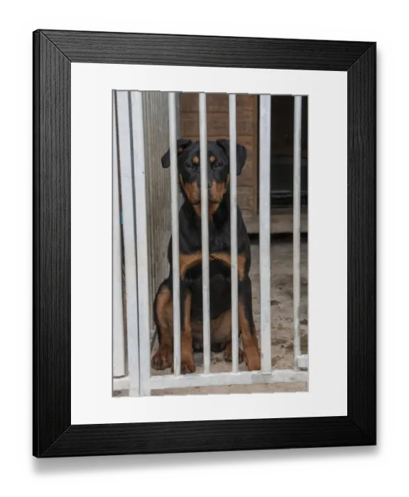 Framed Print : Seven month old Rottweiler in outdoor kennel Framed Print : Seven month old Rottweiler in outdoor kennel