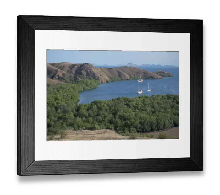 Framed Print : View of bay with liveaboard dive boats, Rinca Island, Komodo N. P. Lesser Sunda Islands, Indonesia, July Framed Print : View of bay with liveaboard dive boats, Rinca Island, Komodo N. P. Lesser Sunda Islands, Indonesia, July