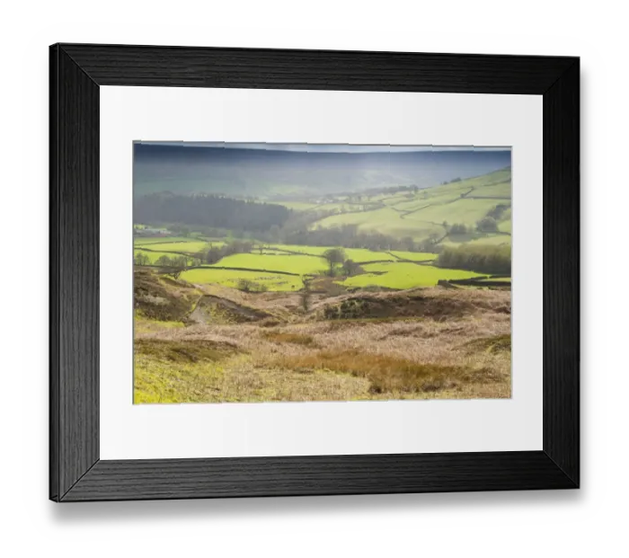 Framed Print : View across moorland towards valley with drystone walls and pasture, looking towards Farndale, Blakey Ridge Framed Print : View across moorland towards valley with drystone walls and pasture, looking towards Farndale, Blakey Ridge