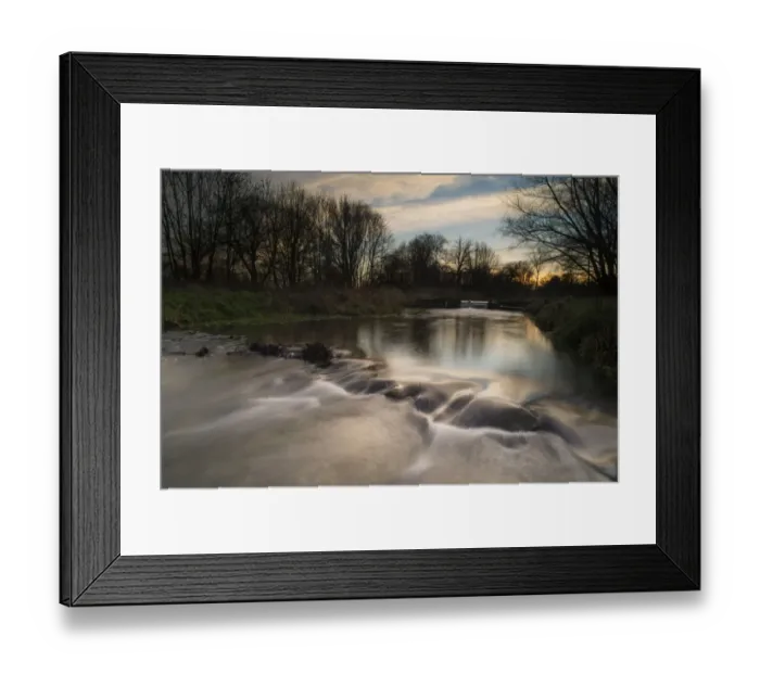 Framed Print : View of weir on river tributary at sunset, Little Stour, Canterbury, Kent, England, January Framed Print : View of weir on river tributary at sunset, Little Stour, Canterbury, Kent, England, January