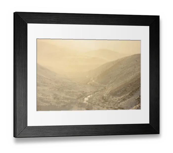 Framed Print : View of upland river valley with Spindrift of fine snow blown off by wind at sunset, Allt Mor, Glenmore Forest Framed Print : View of upland river valley with Spindrift of fine snow blown off by wind at sunset, Allt Mor, Glenmore Forest