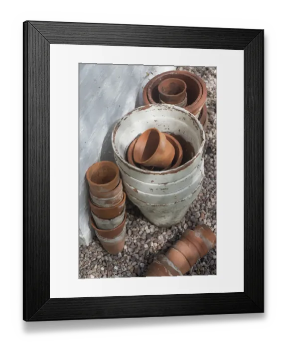 Framed Print : Terracotta flowerpots in garden, Kirk House, Chipping, Preston, Lancashire, England, May Framed Print : Terracotta flowerpots in garden, Kirk House, Chipping, Preston, Lancashire, England, May