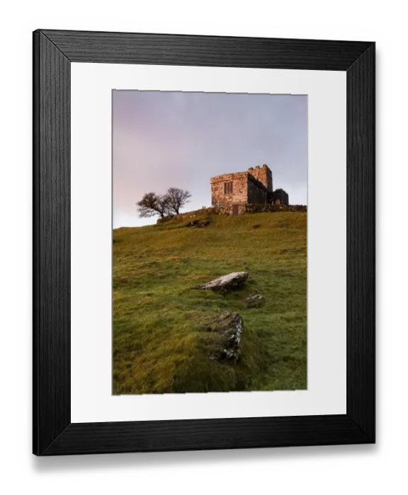 Framed Print : View of 13th century church on moorland at sunrise, Church of St. Michael, Brent Tor, Dartmoor N. P