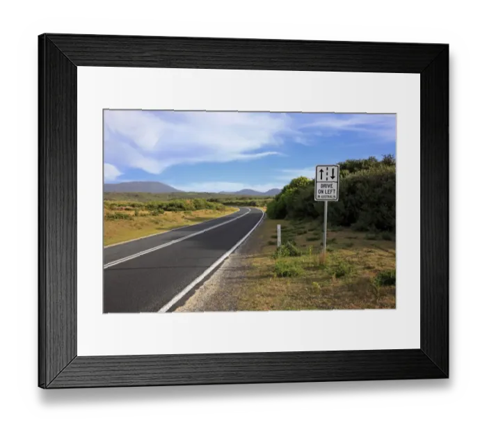 Framed Print : Drive On Left sign on roadside verge, Australia, October Framed Print : Drive On Left sign on roadside verge, Australia, October