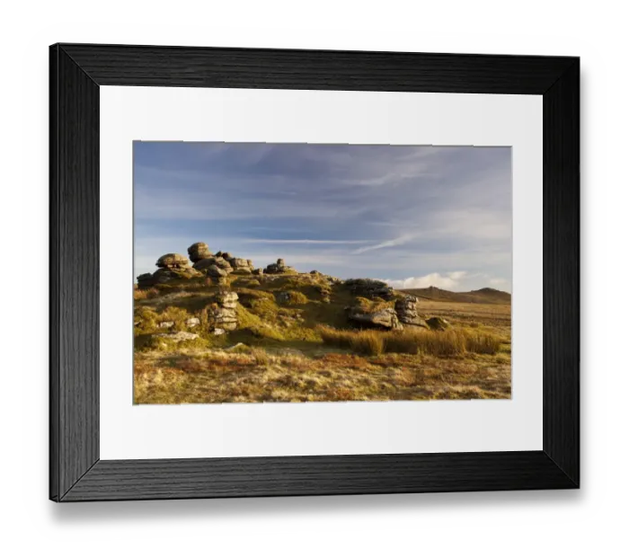 Framed Print : View of granite outcrop on moorland habitat in evening sunlight, with Sharp Tor and Hare Tor in distance, Arms Tor Framed Print : View of granite outcrop on moorland habitat in evening sunlight, with Sharp Tor and Hare Tor in distance, Arms Tor