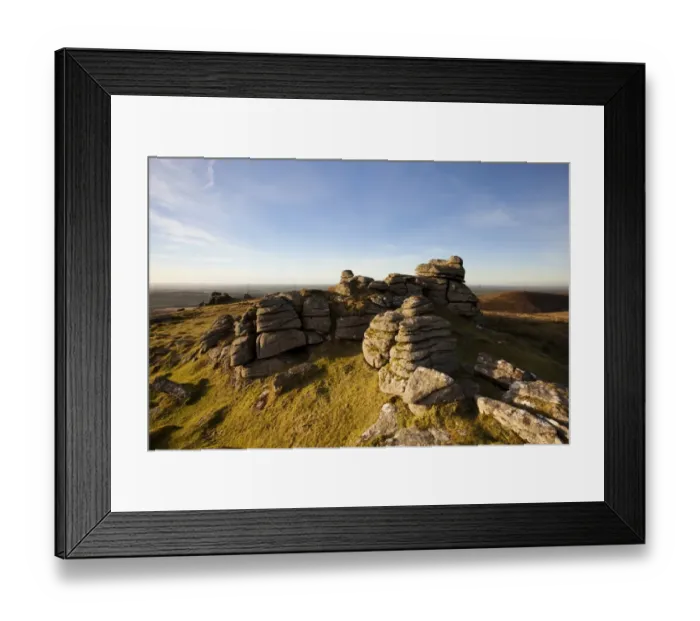 Framed Print : View of granite outcrop on moorland habitat in evening sunlight, with Great Nodden in distance, Arms Tor, Dartmoor N. P Framed Print : View of granite outcrop on moorland habitat in evening sunlight, with Great Nodden in distance, Arms Tor, Dartmoor N. P