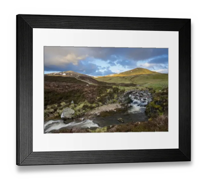 Framed Print : View of stone bridge over river in glen, in evening sunlight, Clunie Water, near Braemar, Cairngorms N. P Framed Print : View of stone bridge over river in glen, in evening sunlight, Clunie Water, near Braemar, Cairngorms N. P